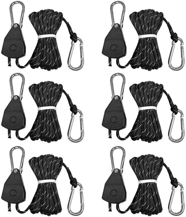 Main image of 15ft Rope Ratchet Tie Downs Reflective Paracord Rollers 1/8in 6 Pcs | 4.6m outdoor windproof reflective para cord with camping tensioner; adjustable ratchet holds tension for tent, tarp, canopy