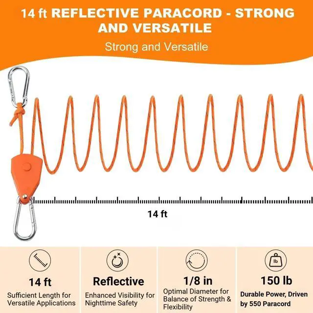 Alt view image 2 of 6 - 15ft Rope Ratchet Tie Downs Reflective Paracord Rollers 1/8in 6 Pcs | 4.6m outdoor windproof reflective para cord with camping tensioner; adjustable ratchet holds tension for tent, tarp, canopy