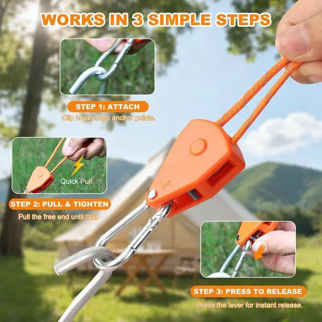 Alt view image 6 of 6 - 15ft Rope Ratchet Tie Downs Reflective Paracord Rollers 1/8in 6 Pcs | 4.6m outdoor windproof reflective para cord with camping tensioner; adjustable ratchet holds tension for tent, tarp, canopy