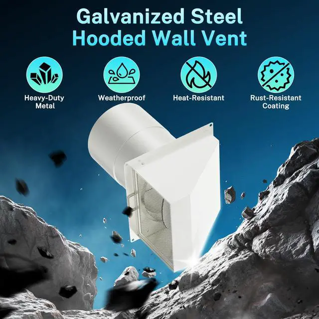 Alt view image 4 of 7 - 6 Inch Hooded Wall Vent with Screen and Damper, Galvanized Steel Exhaust Vent, Exterior Dryer Vent Cover for Kitchen Range Hood Air Ventilation, Bathroom Exhaust Fan, White