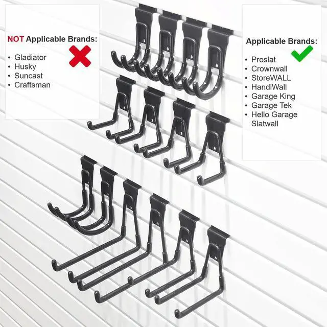 Alt view image 4 of 7 - Slatwall Hooks 14 Pack, Heavy Duty Garage Wall Organizer, Multi-Size Hanging Hooks Compatible with Proslat, StoreWALL and HandiWall