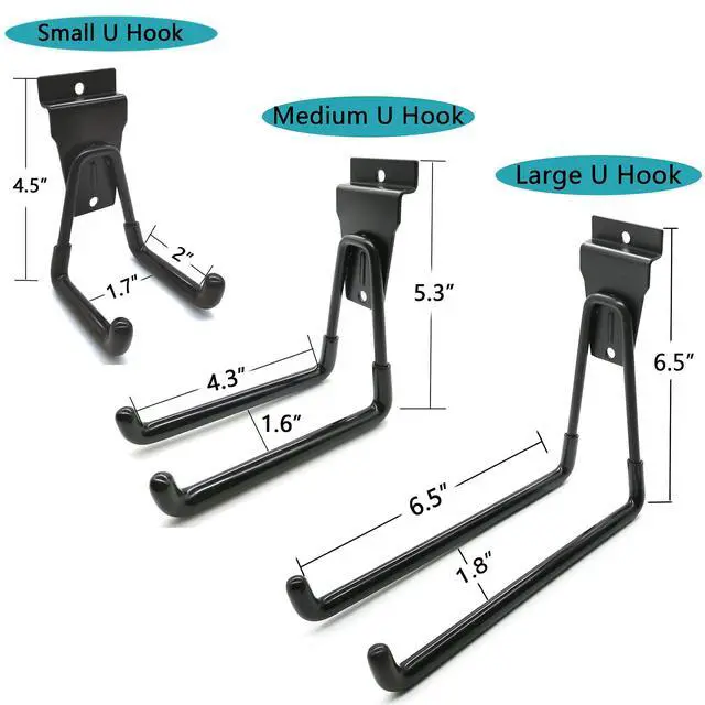Alt view image 7 of 7 - Slatwall Hooks 14 Pack, Heavy Duty Garage Wall Organizer, Multi-Size Hanging Hooks Compatible with Proslat, StoreWALL and HandiWall