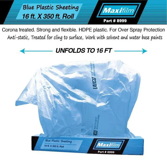 Alt view image 2 of 7 - MAXIFILM 16ft x 350ft Roll of Blue Overspray Paintable Masking Plastic Sheeting -8 Micron, 0.3 Mil, Protective Masking Film Cover, Auto Painting, Cover Cloth Home Walls Furniture (1, 16ft x 350ft)