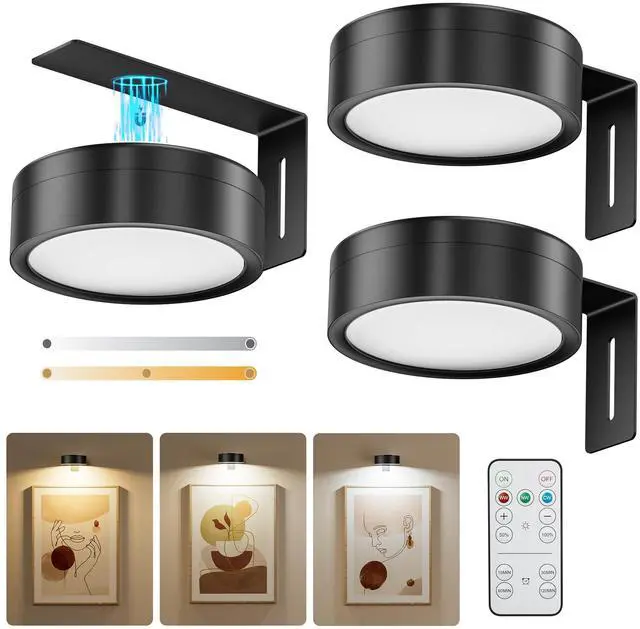 Main image of 3-Pack Black Picture Lights for Wall, Battery Operated with Remote and Timer, 3 Color Temperatures & Dimmable, Art Display Light for Picture Frame Artworking PortraitWireless Wall Decor Puck Lights