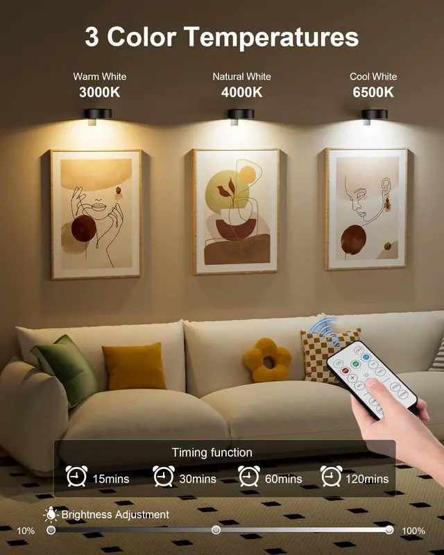 Alt view image 3 of 7 - 3-Pack Black Picture Lights for Wall, Battery Operated with Remote and Timer, 3 Color Temperatures & Dimmable, Art Display Light for Picture Frame Artworking PortraitWireless Wall Decor Puck Lights