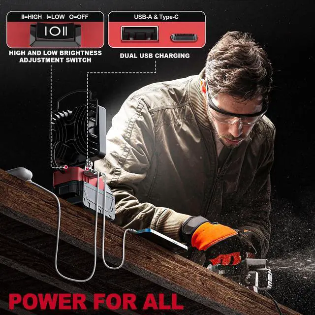 Alt view image 3 of 7 - 2PCS Cordless LED Work Light Compatible with Milwaukee 18v Battery,112W 11200 Lumens Battery Powered LED Flood Light Only, with USB & Type-C Charging for Emergency, Workshop(Tool Only)
