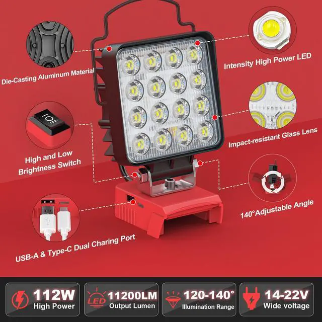 Alt view image 2 of 7 - 2PCS Cordless LED Work Light Compatible with Milwaukee 18v Battery,112W 11200 Lumens Battery Powered LED Flood Light Only, with USB & Type-C Charging for Emergency, Workshop(Tool Only)