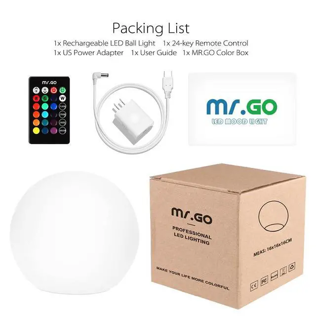 Alt view image 5 of 7 - 6-inch RGB Color-Changing LED Globe Orb Light w/Remote, Mood Lamp Kids Night Light, 16 Dimmable Colors & 4 Modes, Battery & AC Adapter Power, Home Bedroom Patio Pool Decorative Lighting