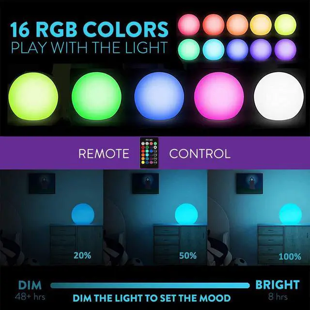 Alt view image 7 of 7 - 6-inch RGB Color-Changing LED Globe Orb Light w/Remote, Mood Lamp Kids Night Light, 16 Dimmable Colors & 4 Modes, Battery & AC Adapter Power, Home Bedroom Patio Pool Decorative Lighting