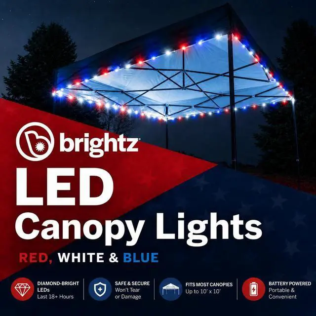 Alt view image 2 of 6 - LED Patriotic Canopy Lights, 40 ft Red White & Blue | 4th of July golf cart decorations & string lights; battery powered 60 LEDs; 24+ hour runtime; made in USA components