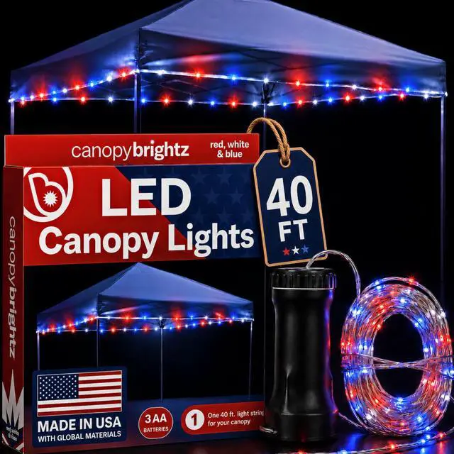 Main image of LED Patriotic Canopy Lights, 40 ft Red White & Blue | 4th of July golf cart decorations & string lights; battery powered 60 LEDs; 24+ hour runtime; made in USA components