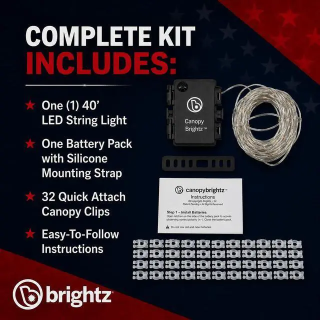 Alt view image 6 of 6 - LED Patriotic Canopy Lights, 40 ft Red White & Blue | 4th of July golf cart decorations & string lights; battery powered 60 LEDs; 24+ hour runtime; made in USA components