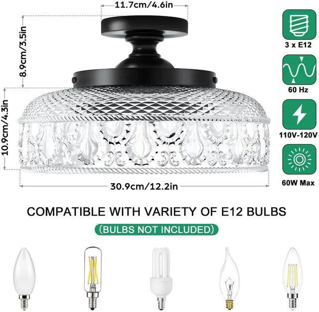 Alt view image 2 of 7 - Semi Flush Mount Ceiling Light, Upgraded Larger 12 Inch Black Hallway Light Fixture, 3 Light Globe Glass Close to Ceiling Light, Indoor Hanging Light for Bedroom Kitchen Porch Hallway
