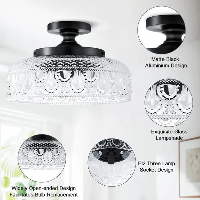 Alt view image 3 of 7 - Semi Flush Mount Ceiling Light, Upgraded Larger 12 Inch Black Hallway Light Fixture, 3 Light Globe Glass Close to Ceiling Light, Indoor Hanging Light for Bedroom Kitchen Porch Hallway