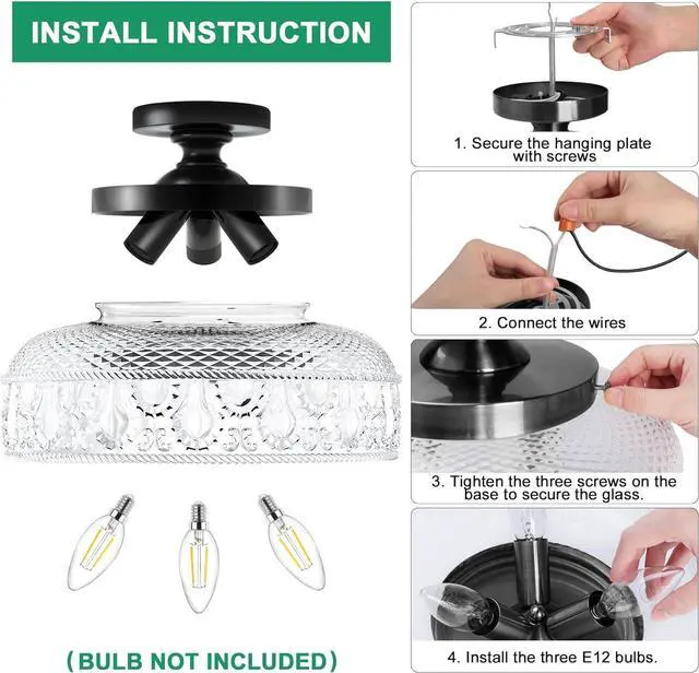 Alt view image 4 of 7 - Semi Flush Mount Ceiling Light, Upgraded Larger 12 Inch Black Hallway Light Fixture, 3 Light Globe Glass Close to Ceiling Light, Indoor Hanging Light for Bedroom Kitchen Porch Hallway