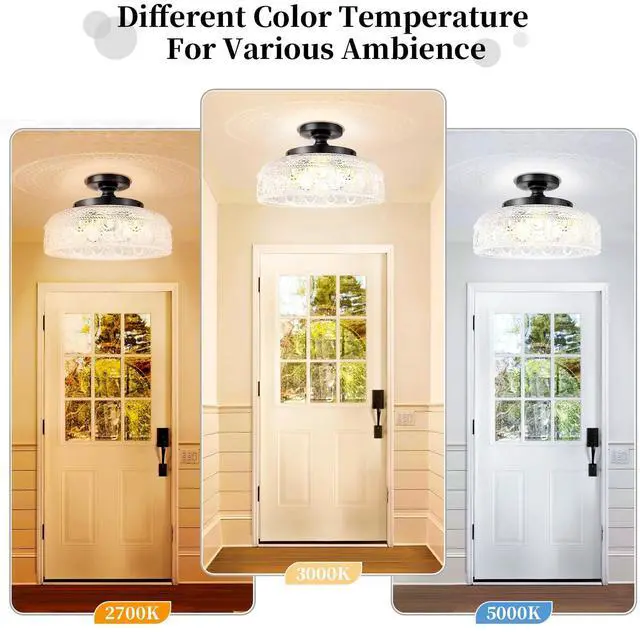 Alt view image 5 of 7 - Semi Flush Mount Ceiling Light, Upgraded Larger 12 Inch Black Hallway Light Fixture, 3 Light Globe Glass Close to Ceiling Light, Indoor Hanging Light for Bedroom Kitchen Porch Hallway