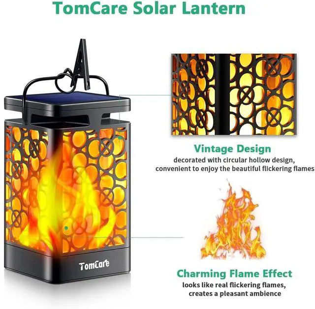 Alt view image 3 of 7 - Solar Lanterns Outdoor, Flickering Flame Hanging Lights, 2 Pack | Realistic Flame Effect, Charges in 6-8 Hours, 10-12-Hour Runtime, IP65 Waterproof, Auto On/Off for Patio, Garden and Porch