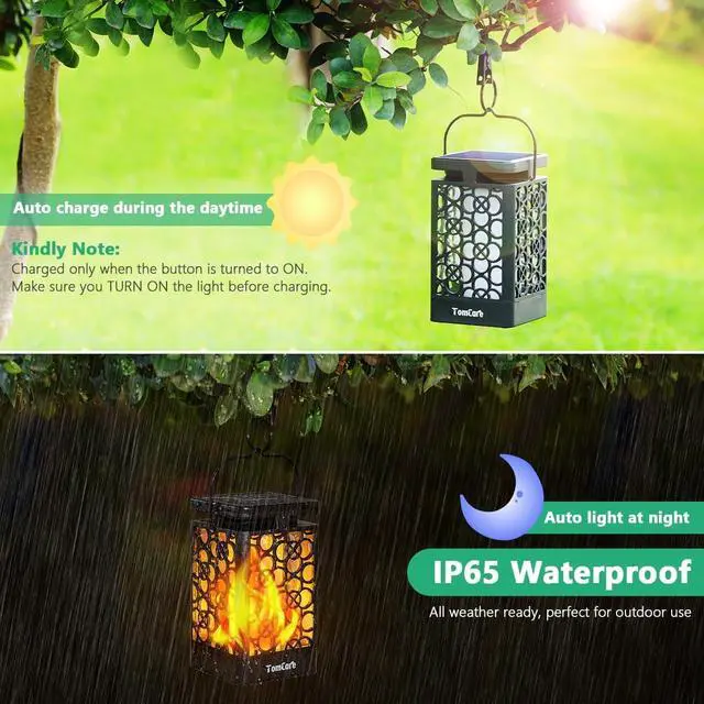 Alt view image 5 of 7 - Solar Lanterns Outdoor, Flickering Flame Hanging Lights, 2 Pack | Realistic Flame Effect, Charges in 6-8 Hours, 10-12-Hour Runtime, IP65 Waterproof, Auto On/Off for Patio, Garden and Porch