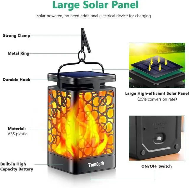 Alt view image 4 of 7 - Solar Lanterns Outdoor, Flickering Flame Hanging Lights, 2 Pack | Realistic Flame Effect, Charges in 6-8 Hours, 10-12-Hour Runtime, IP65 Waterproof, Auto On/Off for Patio, Garden and Porch