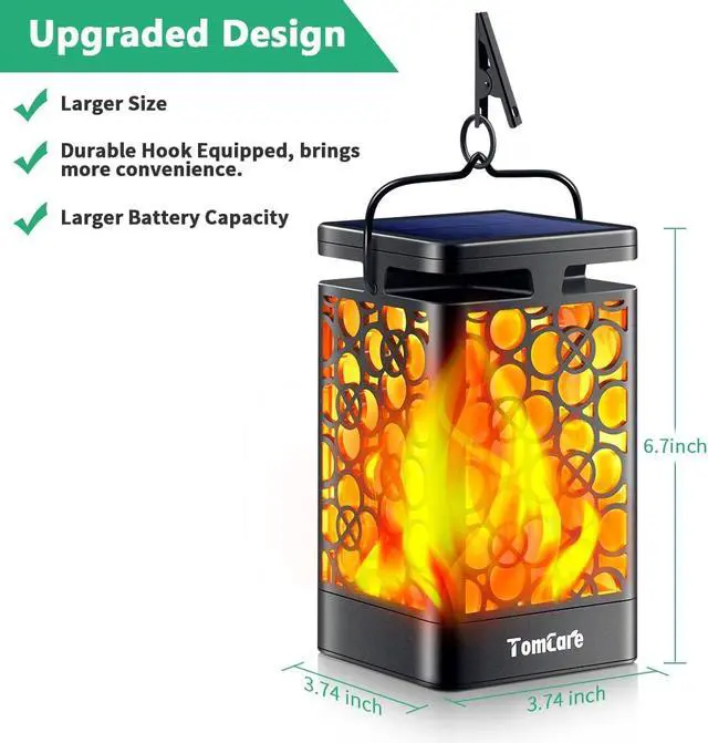 Alt view image 7 of 7 - Solar Lanterns Outdoor, Flickering Flame Hanging Lights, 2 Pack | Realistic Flame Effect, Charges in 6-8 Hours, 10-12-Hour Runtime, IP65 Waterproof, Auto On/Off for Patio, Garden and Porch