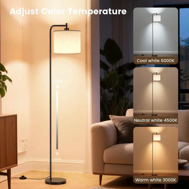 Alt view image 2 of 7 - Floor Lamp for Living Room, Tall Standing Lamp with Linen Shade | Dimmable with Remote Control, 3 Color Temperatures, 9W LED Bulb Included, Ideal for Bedroom, Office and Reading Corner