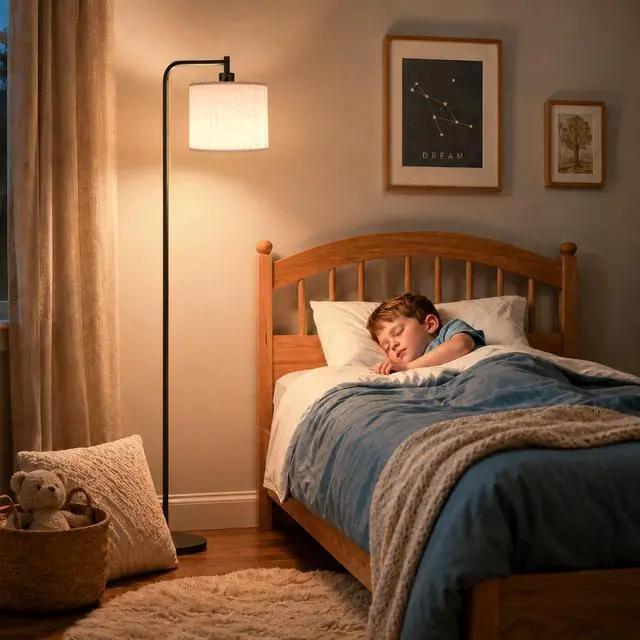 Alt view image 6 of 7 - Floor Lamp for Living Room, Tall Standing Lamp with Linen Shade | Dimmable with Remote Control, 3 Color Temperatures, 9W LED Bulb Included, Ideal for Bedroom, Office and Reading Corner