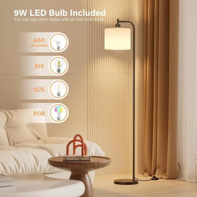 Alt view image 7 of 7 - Floor Lamp for Living Room, Tall Standing Lamp with Linen Shade | Dimmable with Remote Control, 3 Color Temperatures, 9W LED Bulb Included, Ideal for Bedroom, Office and Reading Corner
