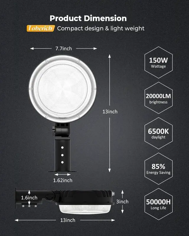 Alt view image 6 of 7 - 150W LED Barn Light Dusk to Dawn, 20000LM Outdoor Yard Light 6500K | Ultra Bright Security Light, Adjustable Angle, IP66 Waterproof, Photocell, AC110-120V, Lights Up Large Areas for Yard Barn