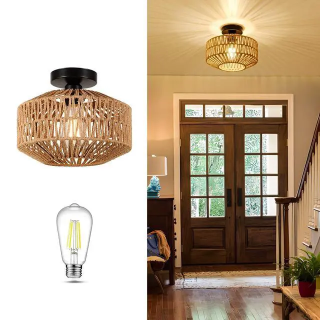 Alt view image 2 of 7 - Boho Light Fixtures Ceiling Mount,Mini Rattan Chandelier Light Fixture with Dimmable LED Bulb,Hand Woven Ceiling Light Fixtures Flush Mount for Hallway Bedroom Kitchen Entryway Living Room
