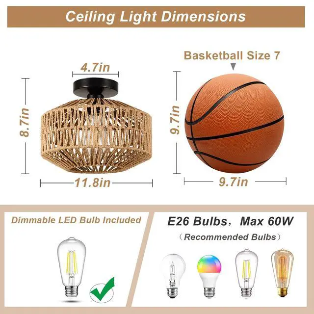 Alt view image 3 of 7 - Boho Light Fixtures Ceiling Mount,Mini Rattan Chandelier Light Fixture with Dimmable LED Bulb,Hand Woven Ceiling Light Fixtures Flush Mount for Hallway Bedroom Kitchen Entryway Living Room