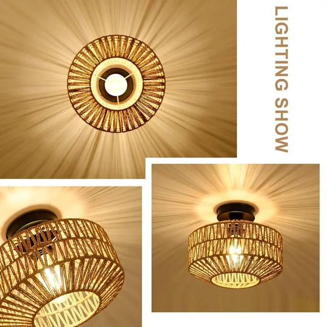 Alt view image 5 of 7 - Boho Light Fixtures Ceiling Mount,Mini Rattan Chandelier Light Fixture with Dimmable LED Bulb,Hand Woven Ceiling Light Fixtures Flush Mount for Hallway Bedroom Kitchen Entryway Living Room