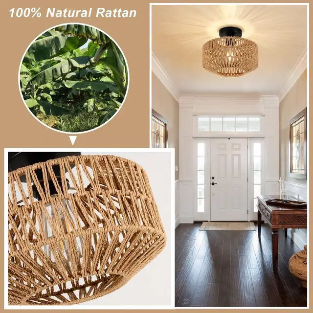 Alt view image 6 of 7 - Boho Light Fixtures Ceiling Mount,Mini Rattan Chandelier Light Fixture with Dimmable LED Bulb,Hand Woven Ceiling Light Fixtures Flush Mount for Hallway Bedroom Kitchen Entryway Living Room