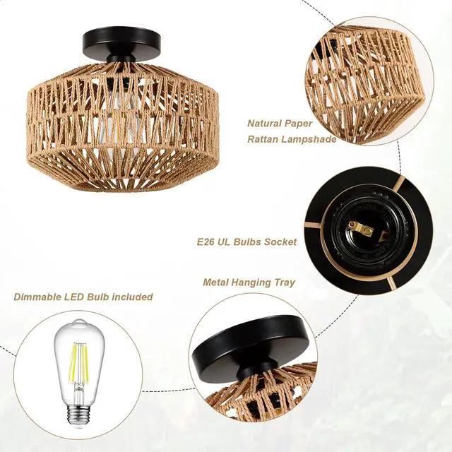Alt view image 7 of 7 - Boho Light Fixtures Ceiling Mount,Mini Rattan Chandelier Light Fixture with Dimmable LED Bulb,Hand Woven Ceiling Light Fixtures Flush Mount for Hallway Bedroom Kitchen Entryway Living Room