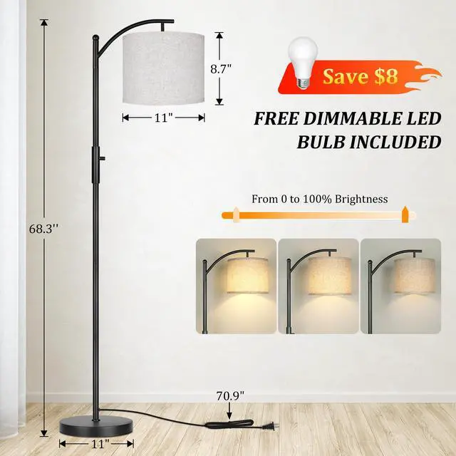 Alt view image 3 of 7 - Dimmable Floor Lamp, Arc Floor Lamps for Living Room, Stepless Dimming Modern Standing Lamp with Linen Shade, Tall Lamp for Bedroom Office Dining Room- Black