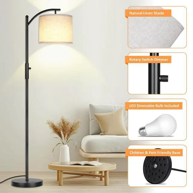 Alt view image 6 of 7 - Dimmable Floor Lamp, Arc Floor Lamps for Living Room, Stepless Dimming Modern Standing Lamp with Linen Shade, Tall Lamp for Bedroom Office Dining Room- Black