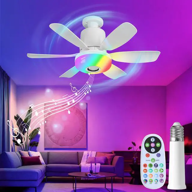 Main image of Socket Fan Light with Remote, Ceiling Fan with Bluetooth Speaker, RGB Lights, 3 Color Lights, 3 Fan Speeds, Socket Extender, Small Ceiling Fans with Lights for BedroomLiving Room, E27 Base, White