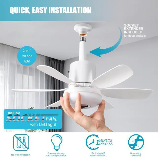 Alt view image 2 of 7 - Socket Fan Light with Remote, Ceiling Fan with Bluetooth Speaker, RGB Lights, 3 Color Lights, 3 Fan Speeds, Socket Extender, Small Ceiling Fans with Lights for BedroomLiving Room, E27 Base, White