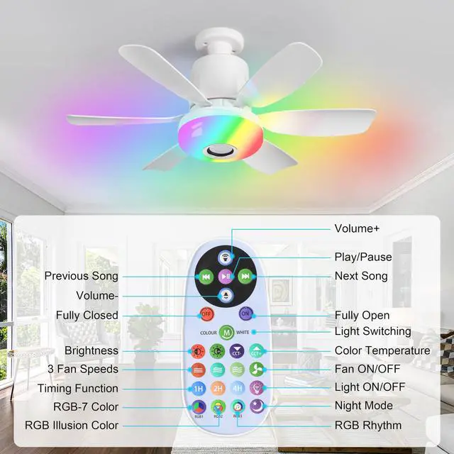 Alt view image 3 of 7 - Socket Fan Light with Remote, Ceiling Fan with Bluetooth Speaker, RGB Lights, 3 Color Lights, 3 Fan Speeds, Socket Extender, Small Ceiling Fans with Lights for BedroomLiving Room, E27 Base, White