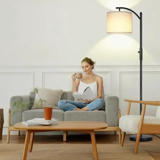 Alt view image 7 of 7 - Dimmable Floor Lamp, Arc Floor Lamps for Living Room, Stepless Dimming Modern Standing Lamp with Linen Shade, Tall Lamp for Bedroom Office Dining Room- Black