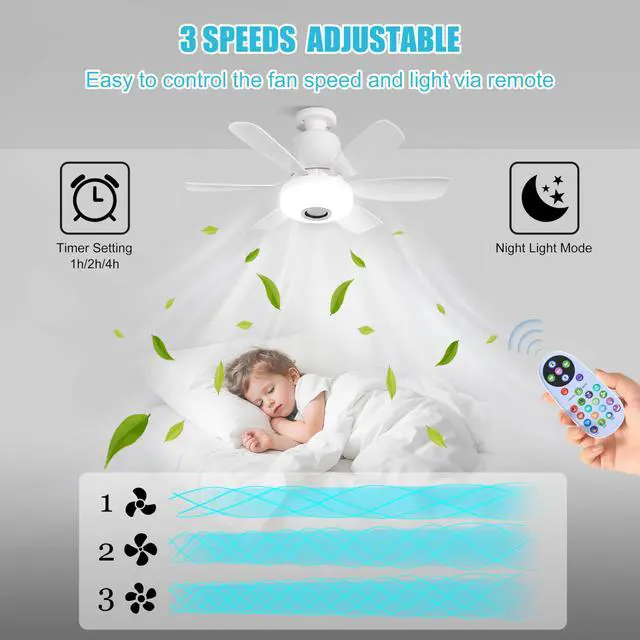 Alt view image 5 of 7 - Socket Fan Light with Remote, Ceiling Fan with Bluetooth Speaker, RGB Lights, 3 Color Lights, 3 Fan Speeds, Socket Extender, Small Ceiling Fans with Lights for BedroomLiving Room, E27 Base, White