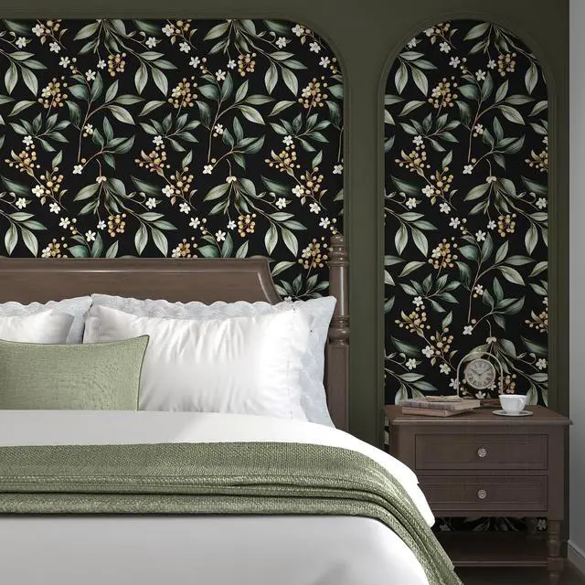 Alt view image 3 of 7 - Black Green Vintage Floral Peel and Stick Wallpaper 17.5" x 393" | Extra Long Self-Adhesive, Removable Waterproof Contact Paper for Bedroom, Bathroom, Cabinets, Accent Wall, Laundry Room