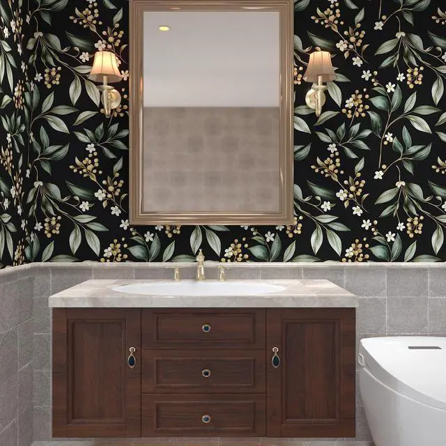 Alt view image 4 of 7 - Black Green Vintage Floral Peel and Stick Wallpaper 17.5" x 393" | Extra Long Self-Adhesive, Removable Waterproof Contact Paper for Bedroom, Bathroom, Cabinets, Accent Wall, Laundry Room