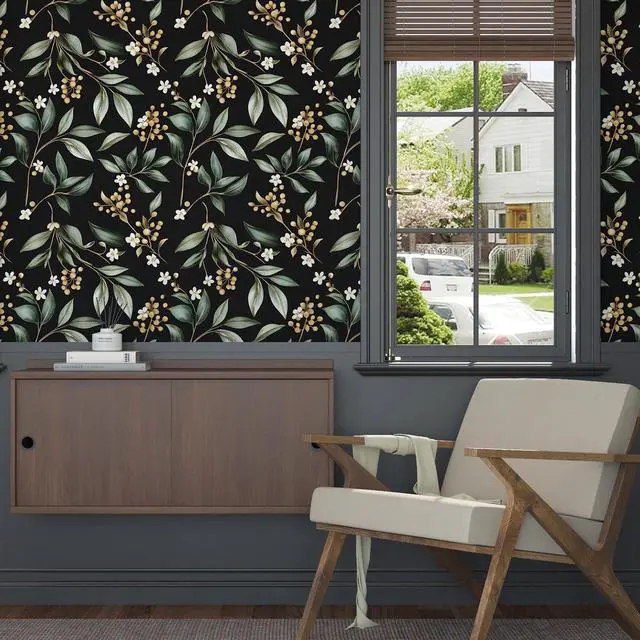 Alt view image 5 of 7 - Black Green Vintage Floral Peel and Stick Wallpaper 17.5" x 393" | Extra Long Self-Adhesive, Removable Waterproof Contact Paper for Bedroom, Bathroom, Cabinets, Accent Wall, Laundry Room