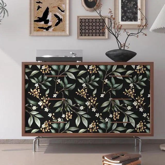 Alt view image 2 of 7 - Black Green Vintage Floral Peel and Stick Wallpaper 17.5" x 393" | Extra Long Self-Adhesive, Removable Waterproof Contact Paper for Bedroom, Bathroom, Cabinets, Accent Wall, Laundry Room