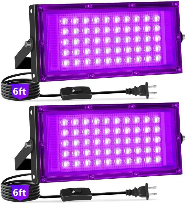 Main image of 50W LED Black Lights with Switch+Plug, IP66 Waterproof, 2 Pack | Blacklight Flood Light for Halloween, Neon Glow Party Supply, Bedroom, Fluorescent Poster, Body Paint, Outdoor