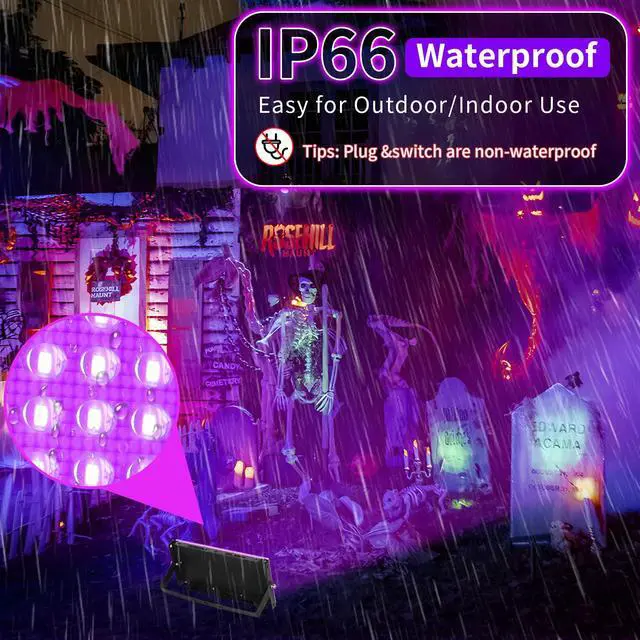 Alt view image 2 of 7 - 50W LED Black Lights with Switch+Plug, IP66 Waterproof, 2 Pack | Blacklight Flood Light for Halloween, Neon Glow Party Supply, Bedroom, Fluorescent Poster, Body Paint, Outdoor