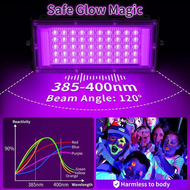 Alt view image 3 of 7 - 50W LED Black Lights with Switch+Plug, IP66 Waterproof, 2 Pack | Blacklight Flood Light for Halloween, Neon Glow Party Supply, Bedroom, Fluorescent Poster, Body Paint, Outdoor