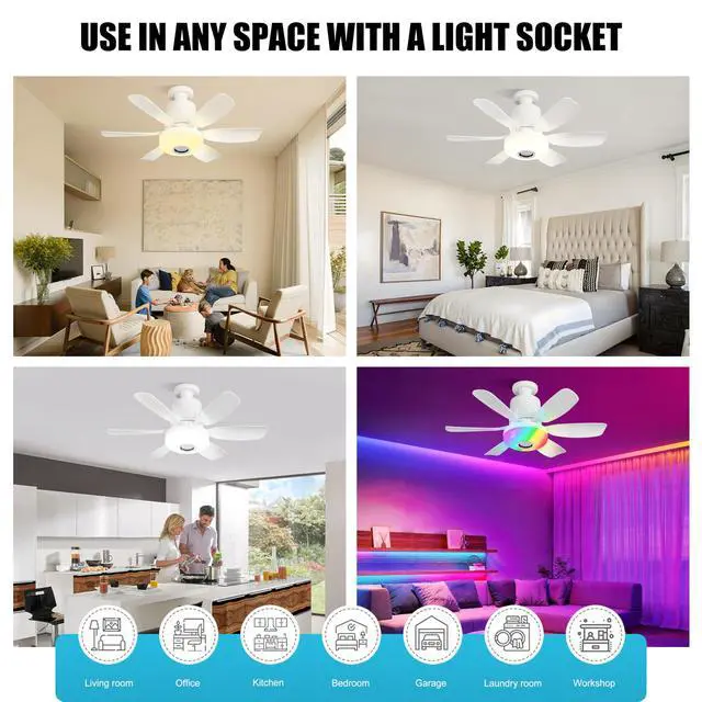 Alt view image 7 of 7 - Socket Fan Light with Remote, Ceiling Fan with Bluetooth Speaker, RGB Lights, 3 Color Lights, 3 Fan Speeds, Socket Extender, Small Ceiling Fans with Lights for BedroomLiving Room, E27 Base, White