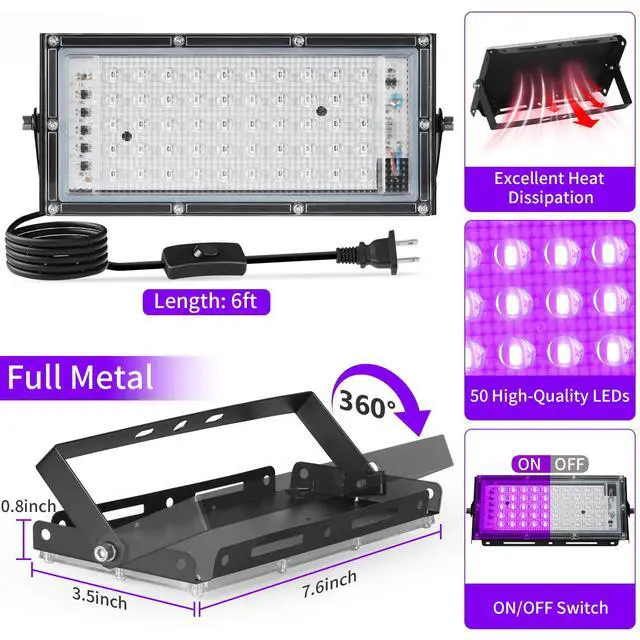 Alt view image 4 of 7 - 50W LED Black Lights with Switch+Plug, IP66 Waterproof, 2 Pack | Blacklight Flood Light for Halloween, Neon Glow Party Supply, Bedroom, Fluorescent Poster, Body Paint, Outdoor
