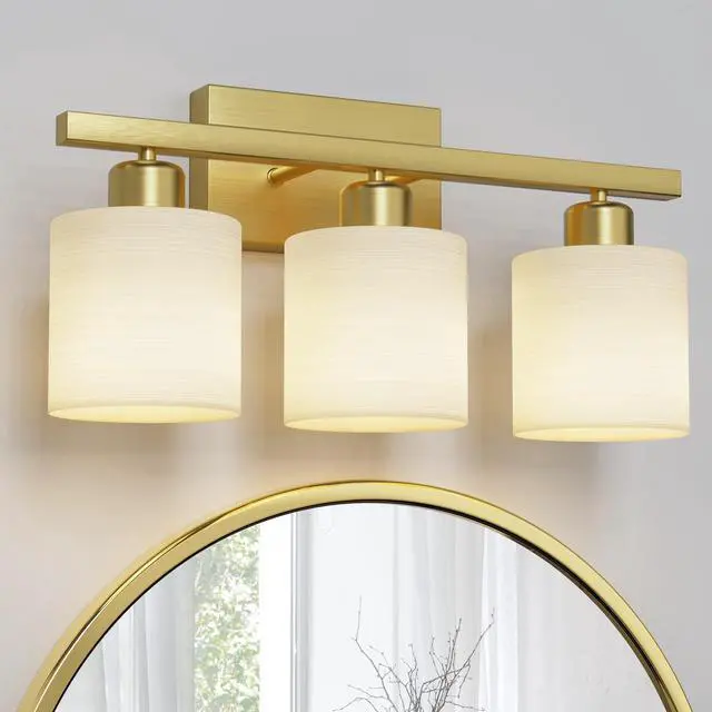 Main image of Bathroom Light Fixtures, Bathroom Lighting Fixtures Over Mirror, Interior Classic Vanity Lights, Modern Vanity Light with Textured White Glass Shade, Brushed Gold, 3-Light